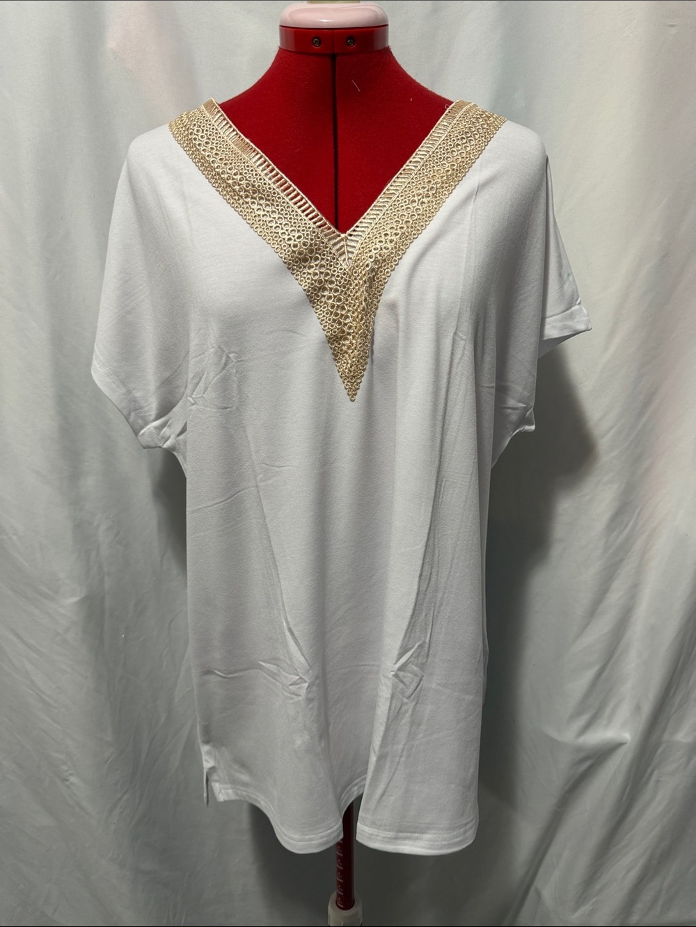 Women's White V-Neck Tunic with Beige Crochet Trim